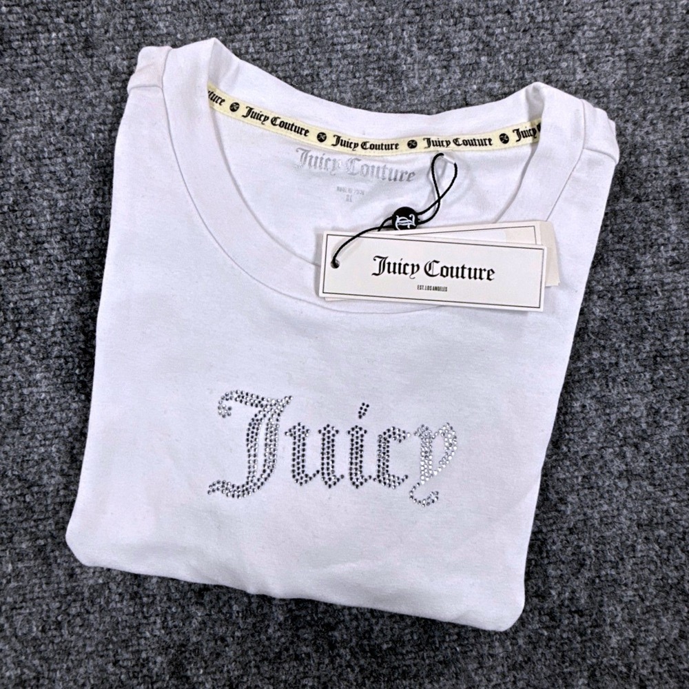 Juicy Couture Crop Top Womens XL White Rhinestone Juicy Y2K Baby Tee NWT